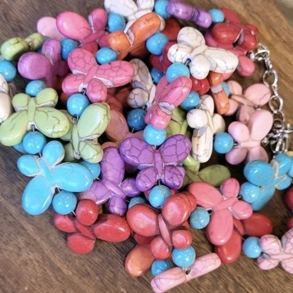 Double Strand Distressed Rainbow Butterfly Stone Beaded Necklace w/ Extender - Picture 7 of 12